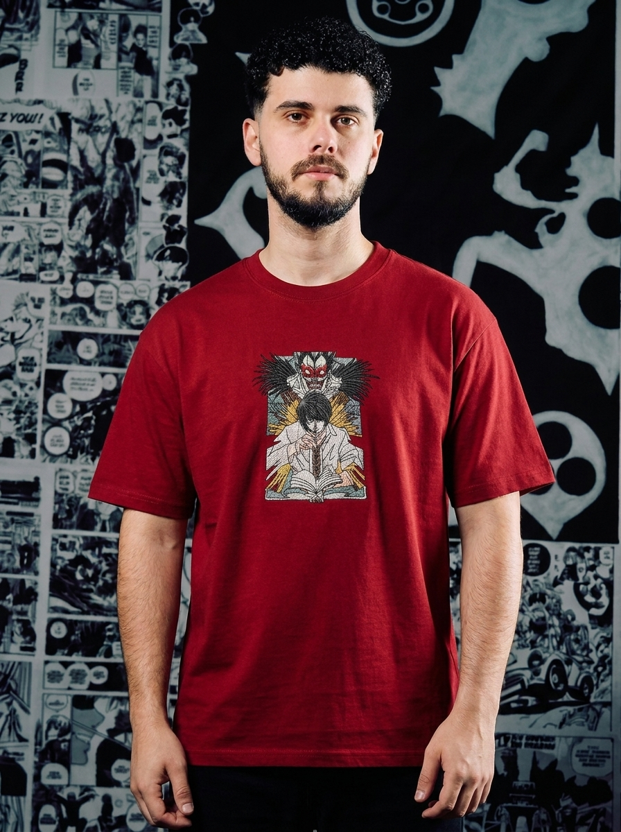 Shinigami's Apple Embroidered Tee - Dark Red