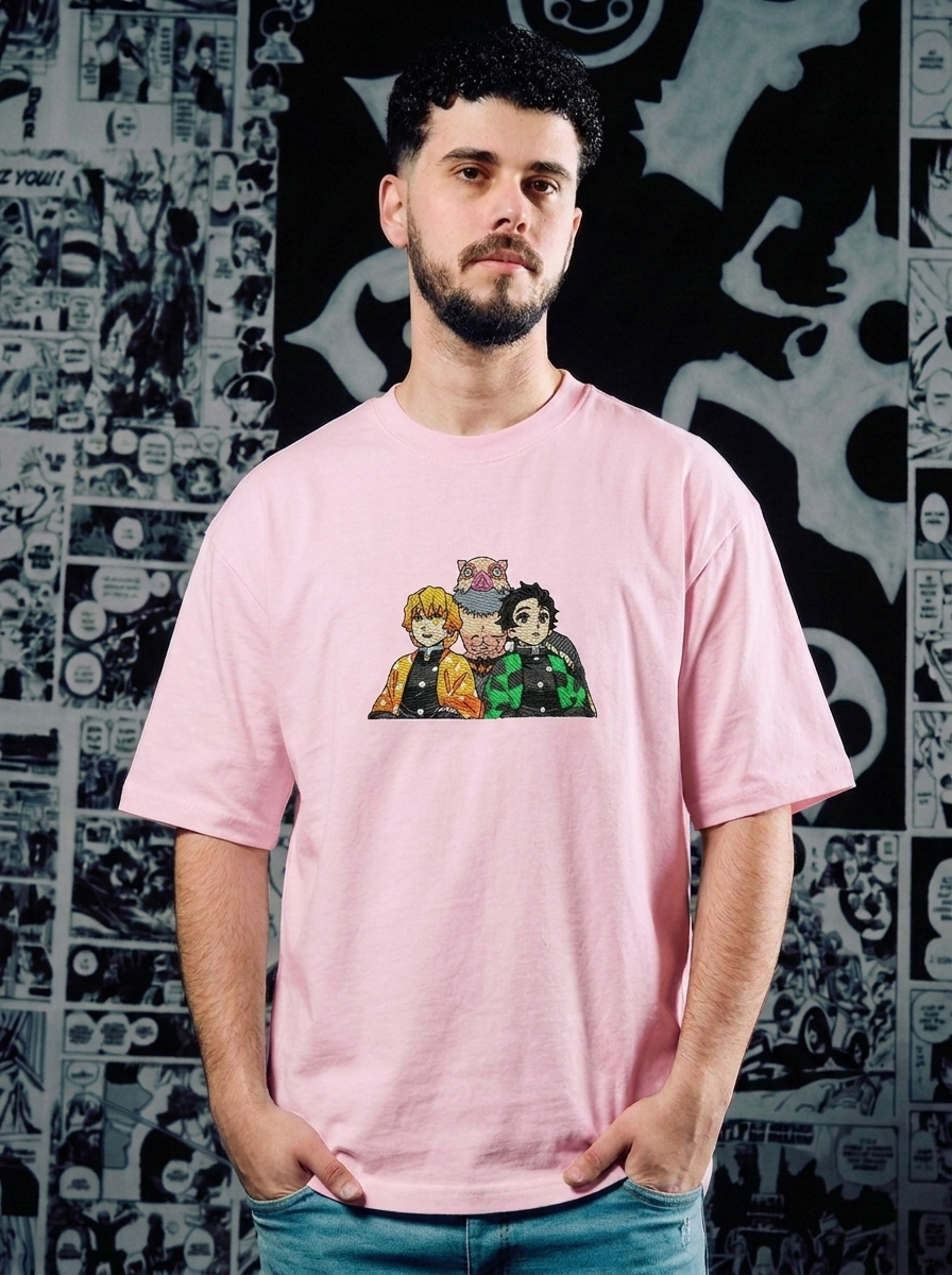 Flame Hashira Embroidered Tee - Light Pink