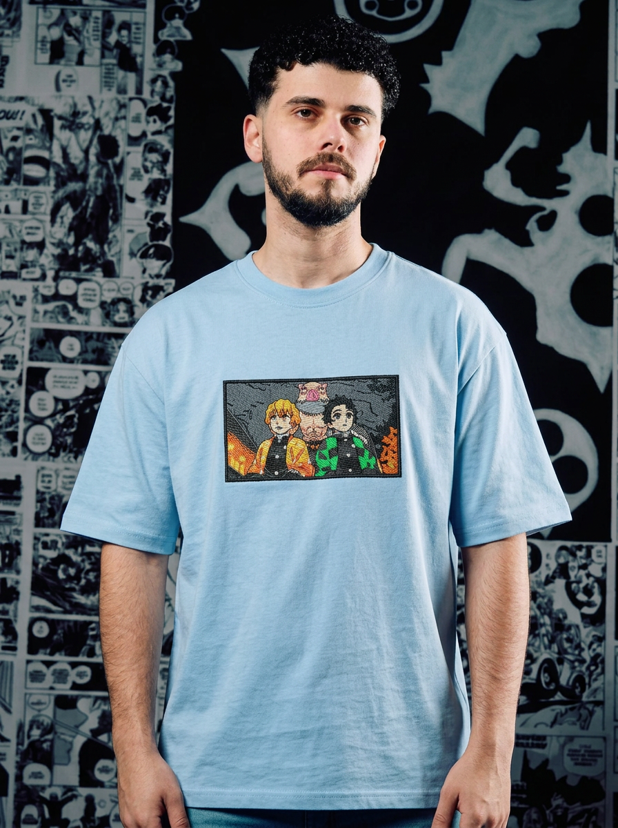 Flame Hashira Embroidered Tee - Light Blue