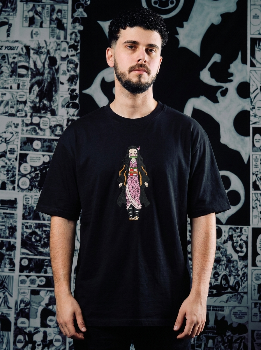 Wisteria Flower Crest Embroidered Tee - Black