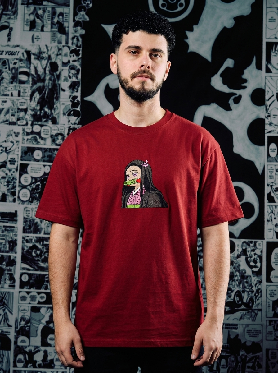 Demon Slaying Blade Embroidered Tee - Dark Red