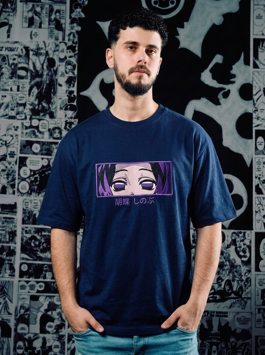Twin Upper Moon Embroidered Tee - Navy