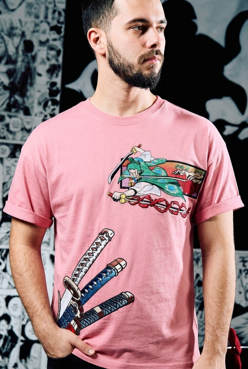 One Piece T-Shirt – Luffy Premium Embroidered Edition - Pink