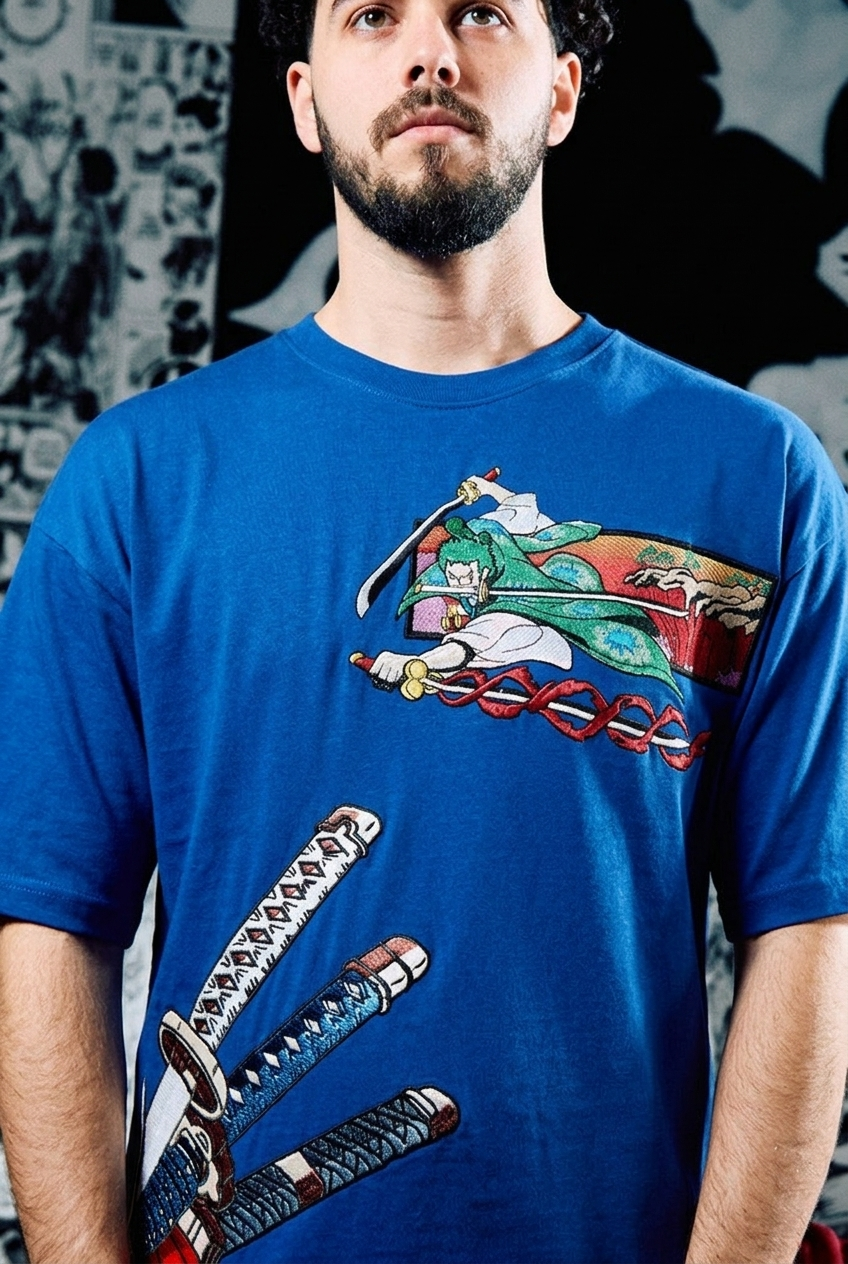 One Piece T-Shirt – Luffy Premium Embroidered Edition - Blue