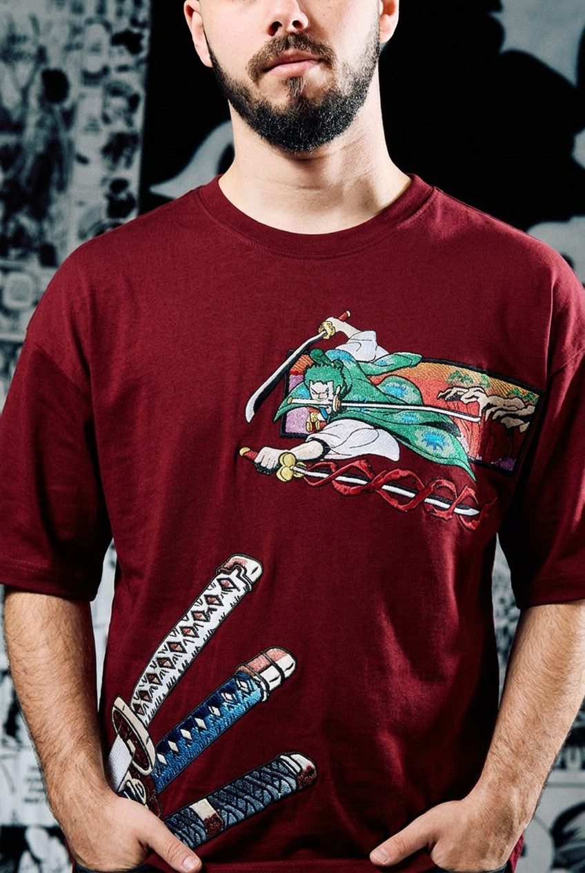 One Piece T-Shirt – Zoro Three Swords Wano Edition - Dark Red
