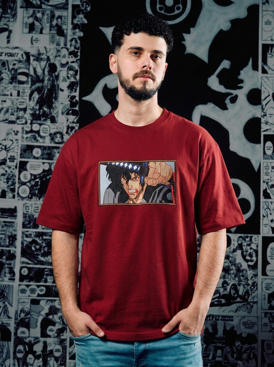 Black Swordsman Embroidered Tee - Dark Red