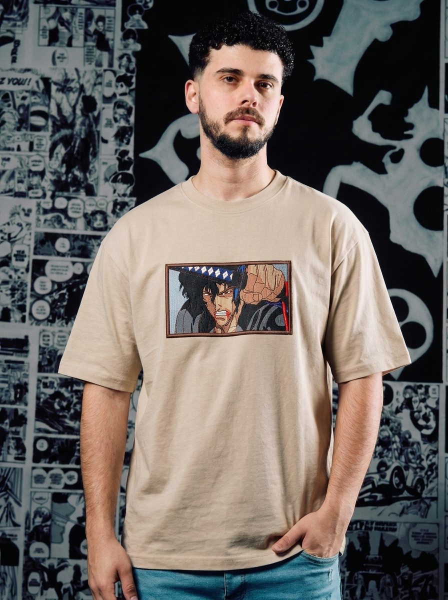 Black Swordsman Embroidered Tee - Beige