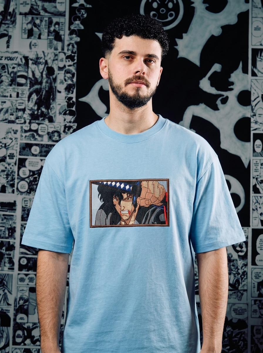 Black Swordsman Embroidered Tee - Light Blue