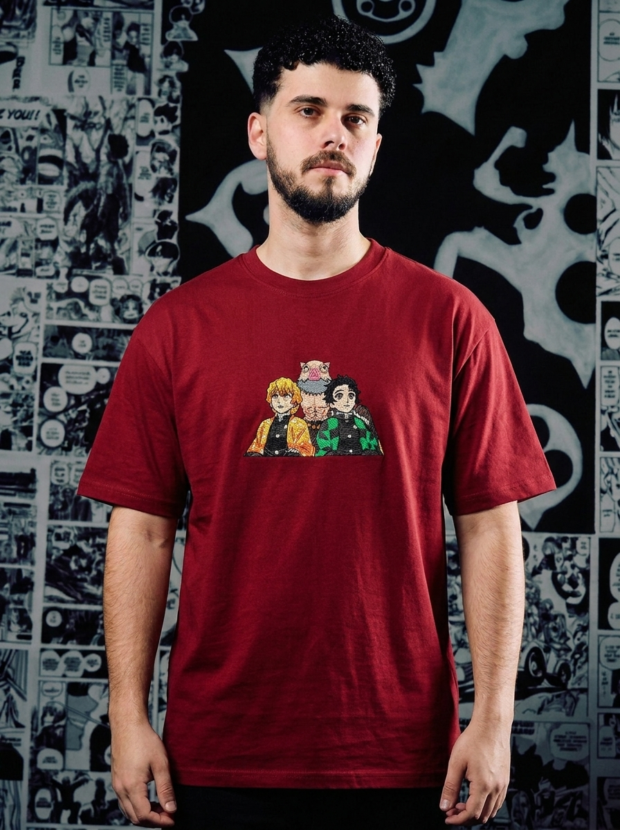 Flame Hashira Embroidered Tee - Dark Red