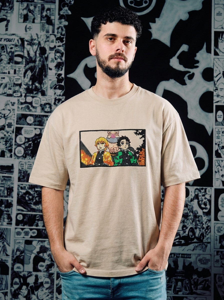Flame Hashira Embroidered Tee - Beige