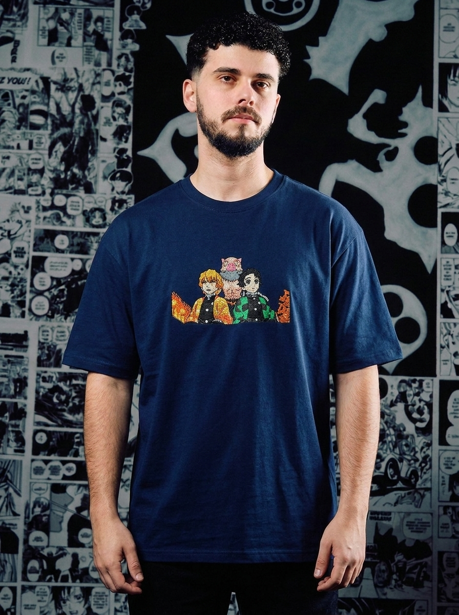 Flame Hashira Embroidered Tee - Navy