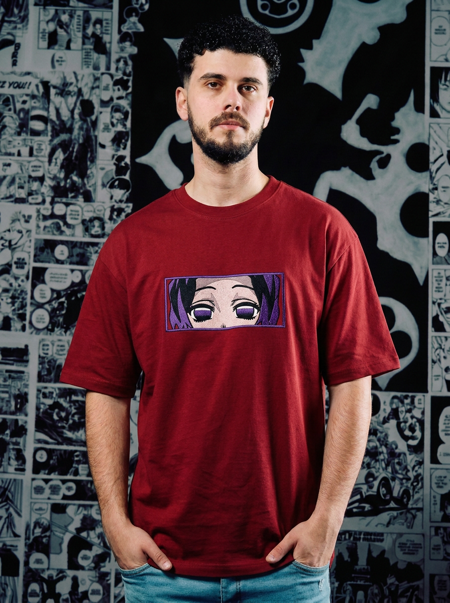 Twin Upper Moon Embroidered Tee - Dark Red