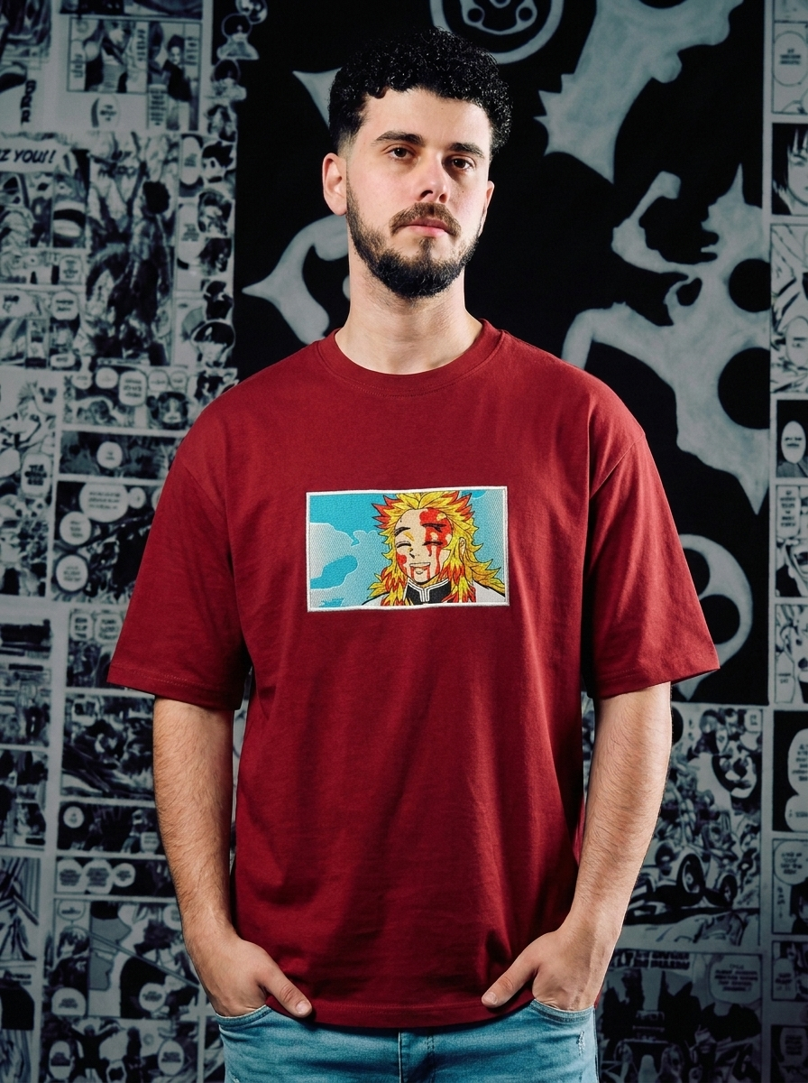 Hinokami Kagura Embroidered Tee - Dark Red