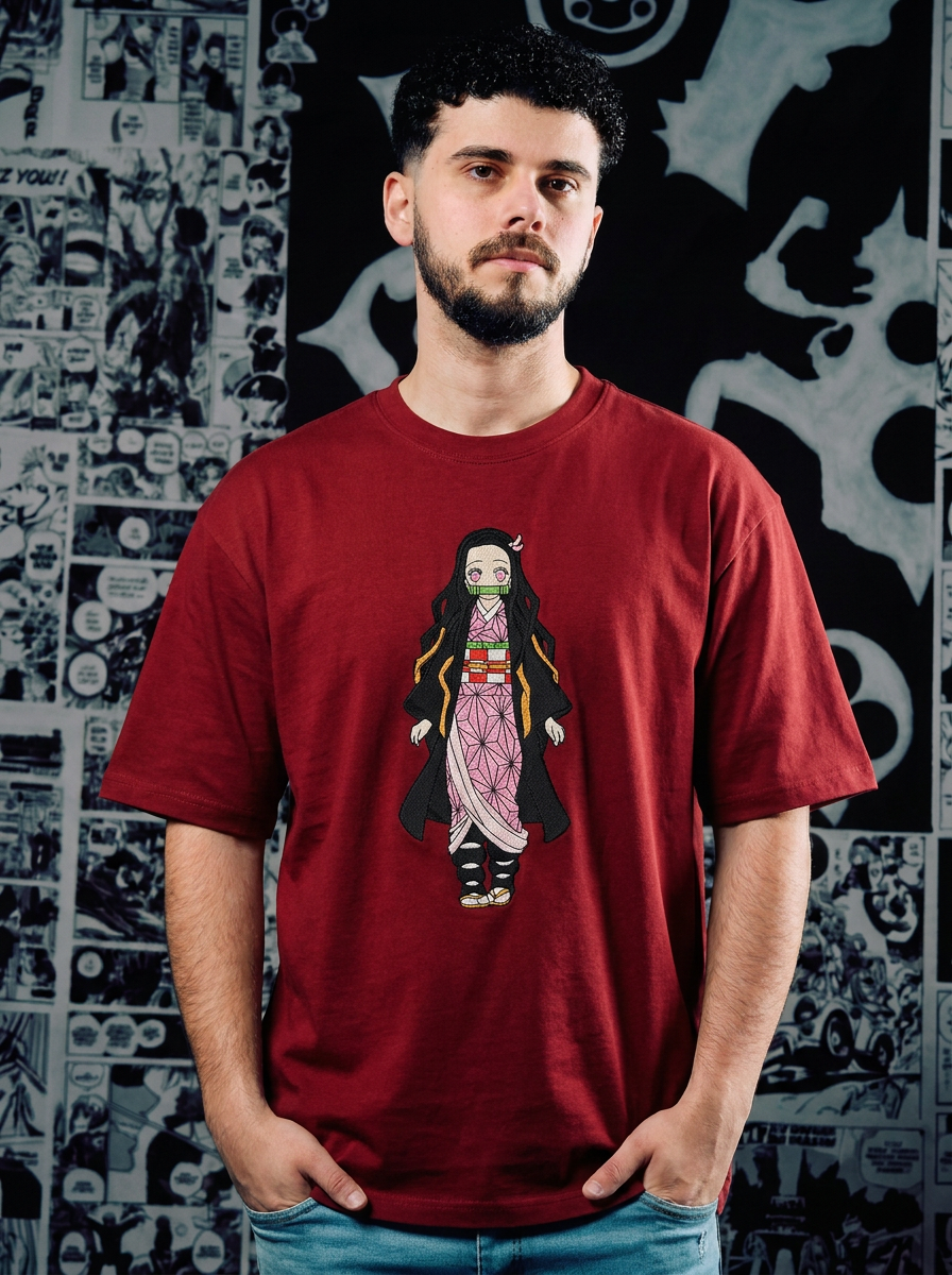 Wisteria Flower Crest Embroidered Tee - Dark Red