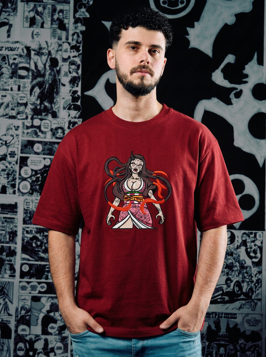 Water Surface Slash Embroidered Tee - Dark Red