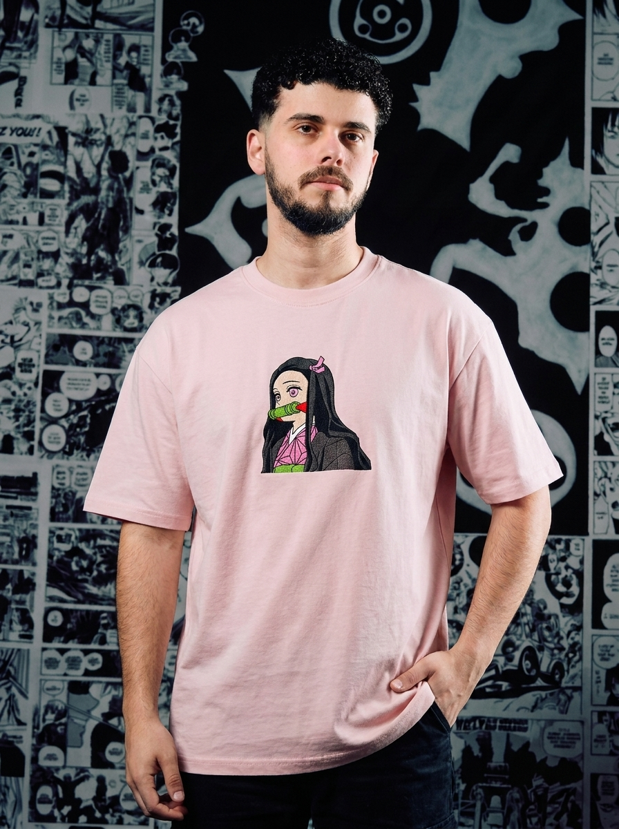 Demon Slaying Blade Embroidered Tee - Light Pink