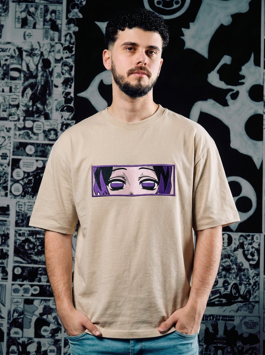 Twin Upper Moon Embroidered Tee - Beige