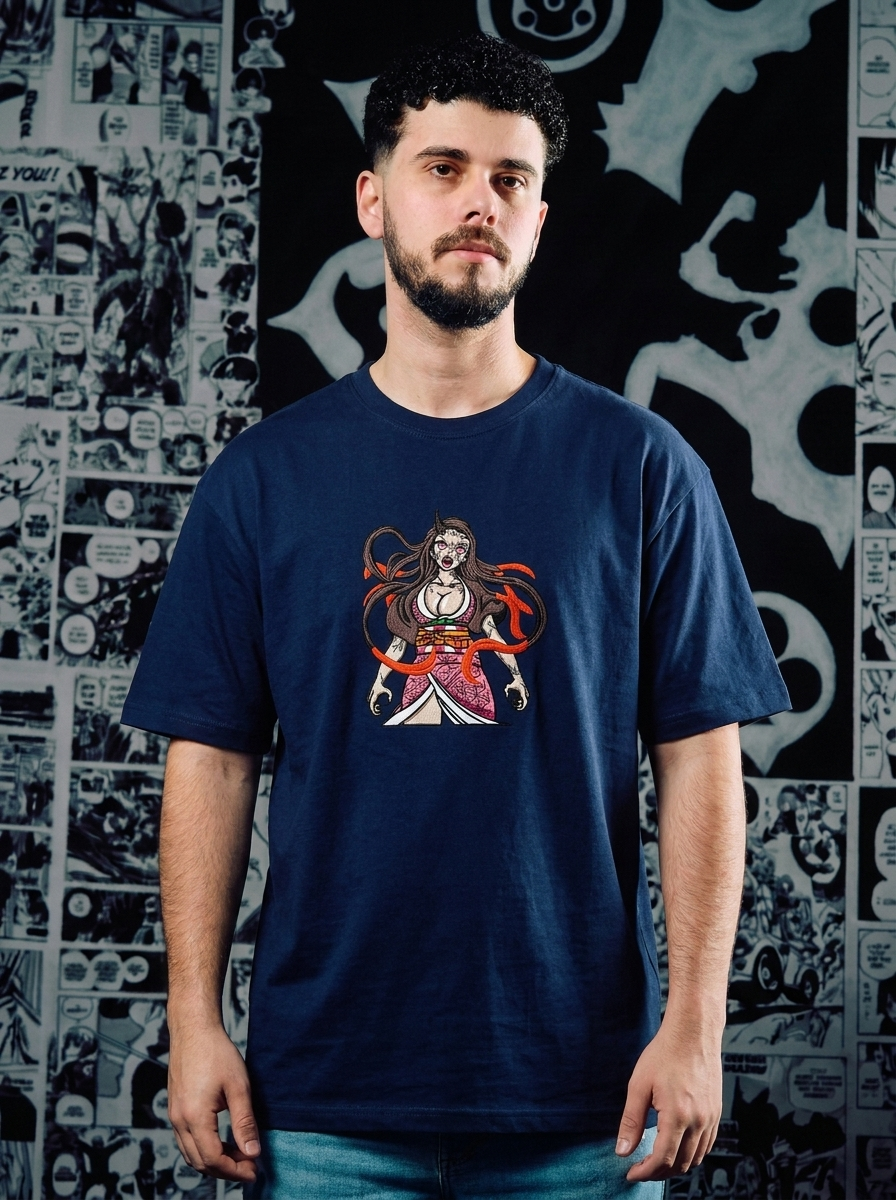 Water Surface Slash Embroidered Tee - Navy