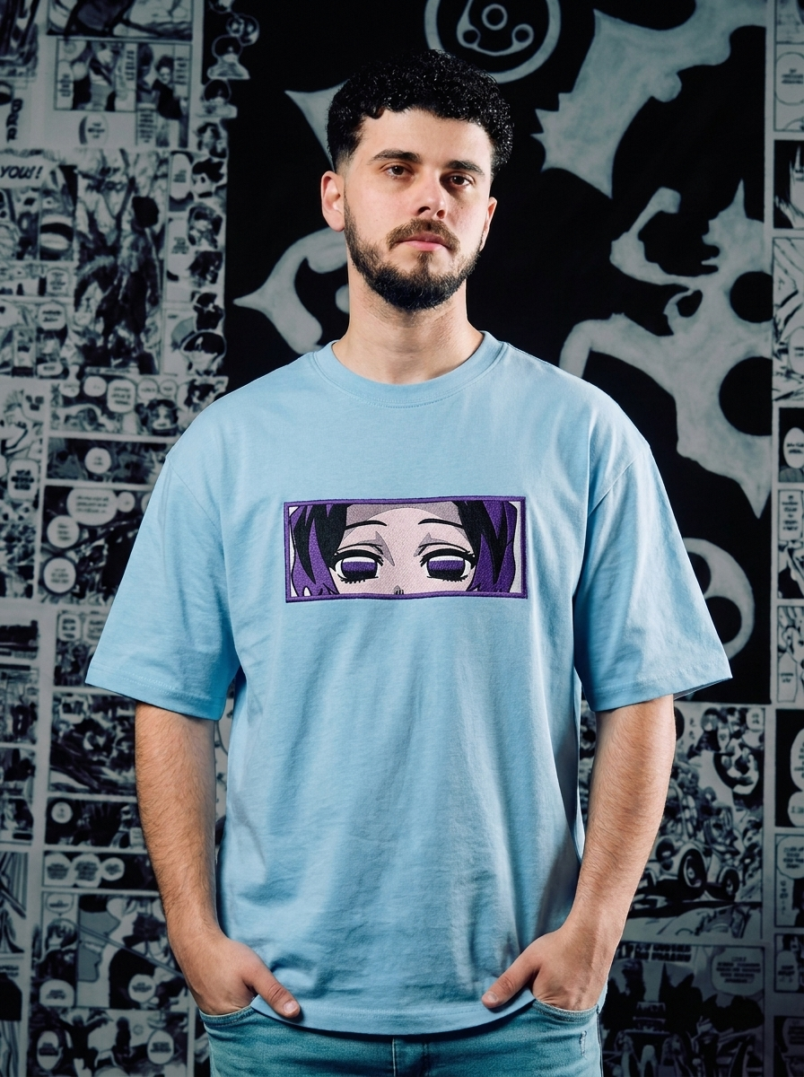 Twin Upper Moon Embroidered Tee - Light Blue