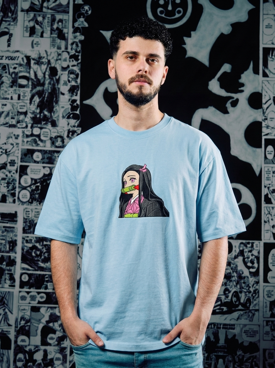 Demon Slaying Blade Embroidered Tee - Light Blue