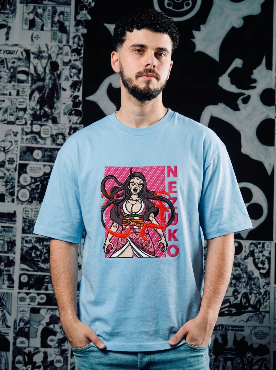 Water Surface Slash Embroidered Tee - Light Blue